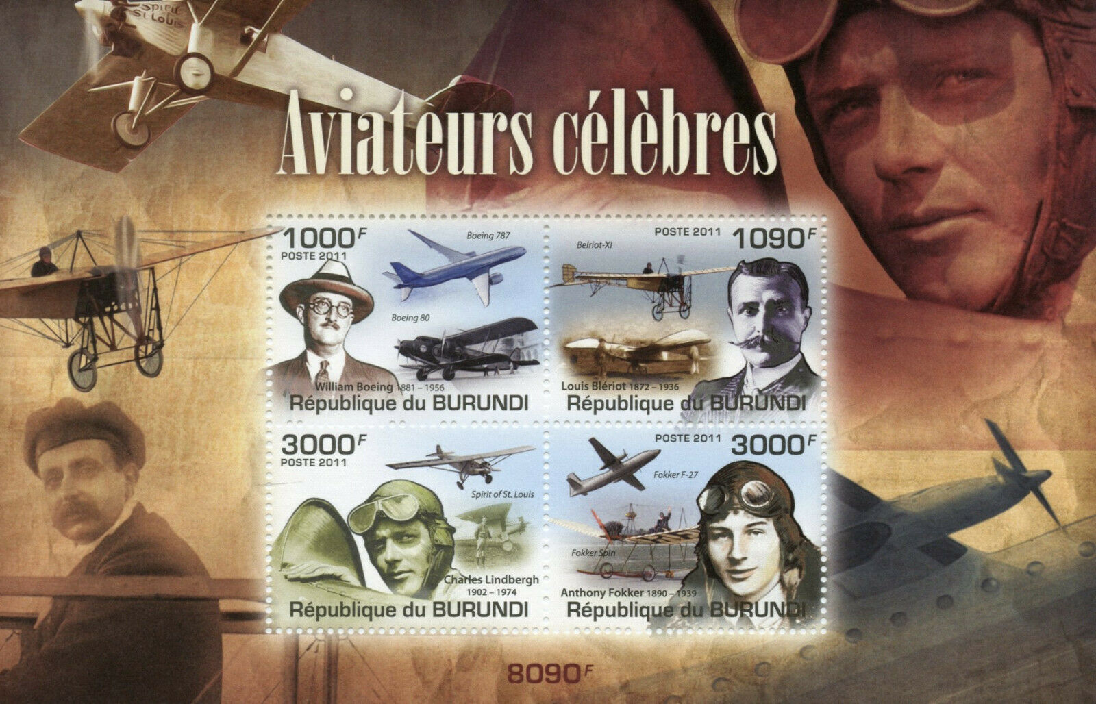 Burundi 2011 MNH Aviation Pioneers Stamps William Boeing Louis Bleriot Lindbergh 4v M/S