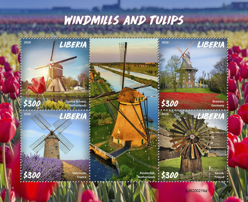 Liberia Windmills & Tulips Stamps 2020 MNH Zaanse Schans Flowers Tourism 4v M/S