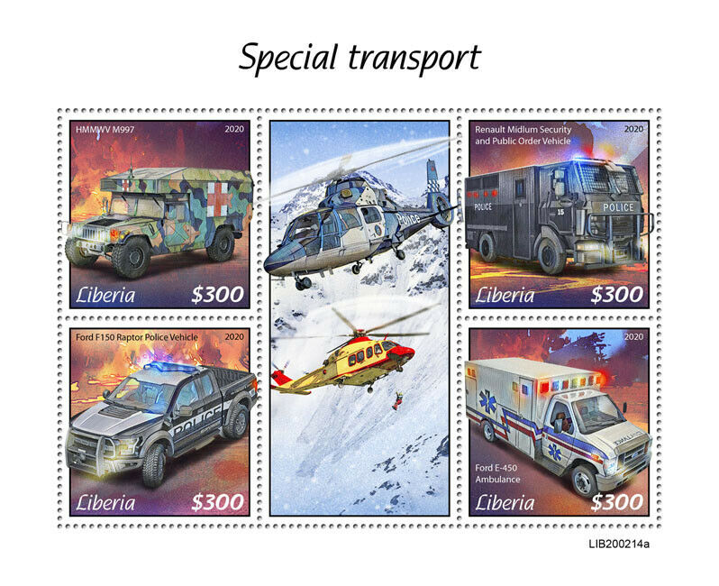 Liberia 2020 MNH Special Transport Stamps Helicopters Medical Ambulance Police 4v M/S