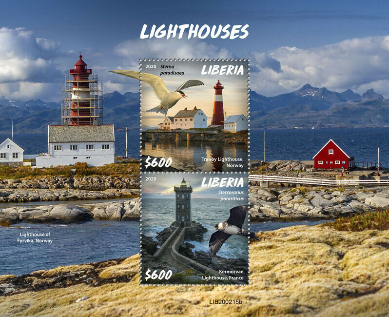 Liberia 2020 MNH Lighthouses Stamps Tranoy Kermorvan Lighthouse Birds 2v S/S