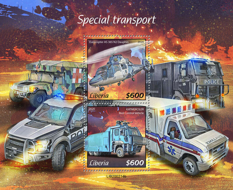 Liberia 2020 MNH Special Transport Stamps Helicopters Medical Ambulance Police 2v S/S