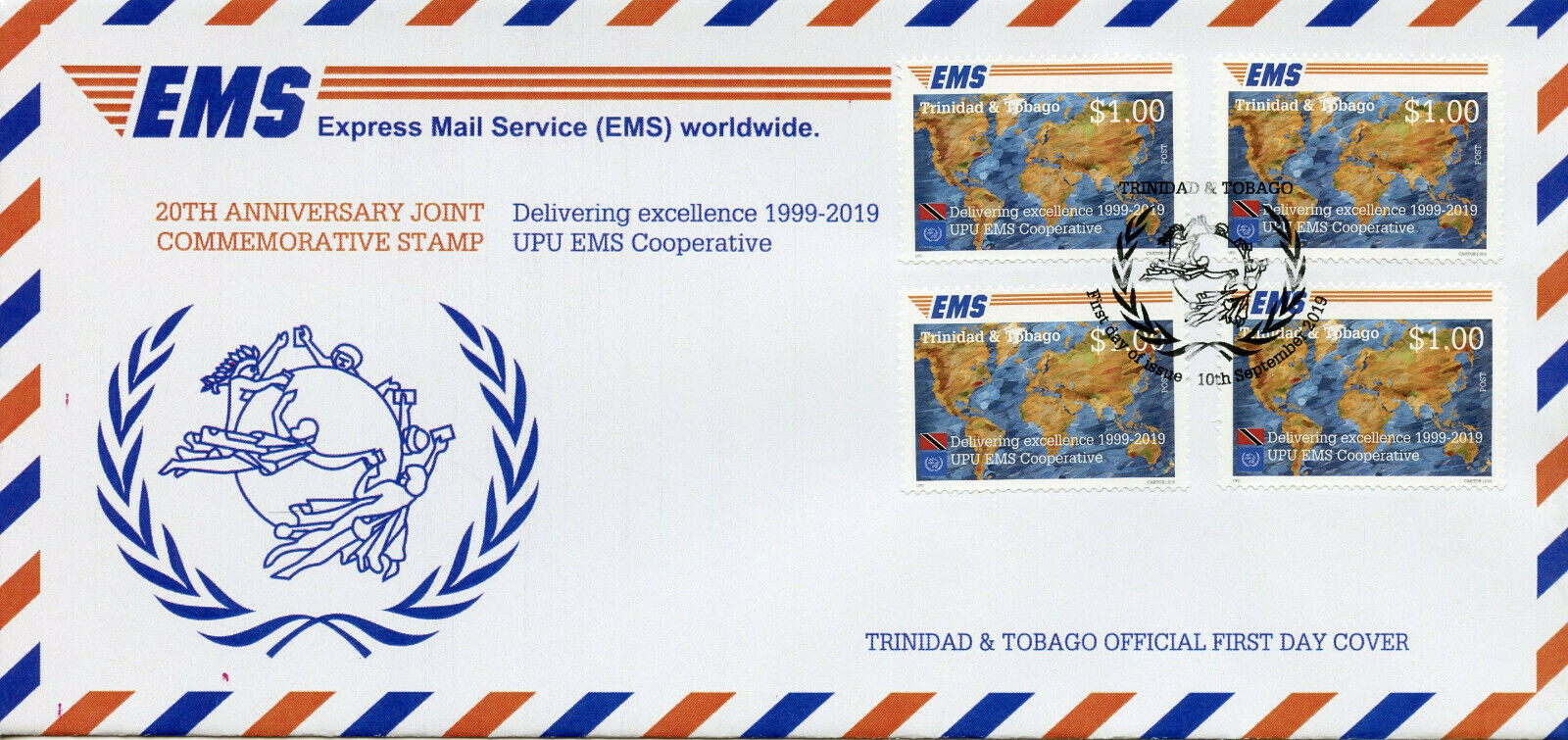 Trinidad & Tobago Postal Services Stamps 2019 FDC EMS UPU 20 Years 4v Set