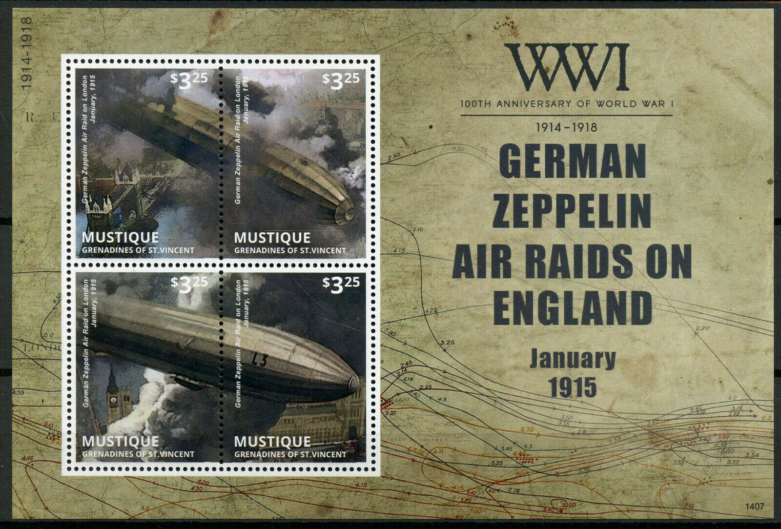 Mustique Gren St Vincent Military Stamps 2014 MNH WWI WW1 German Zeppelin 4v M/S