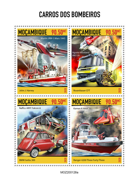 Mozambique 2020 MNH Fire Engines Stamps Trucks Helicopters Boats Cars 4v M/S