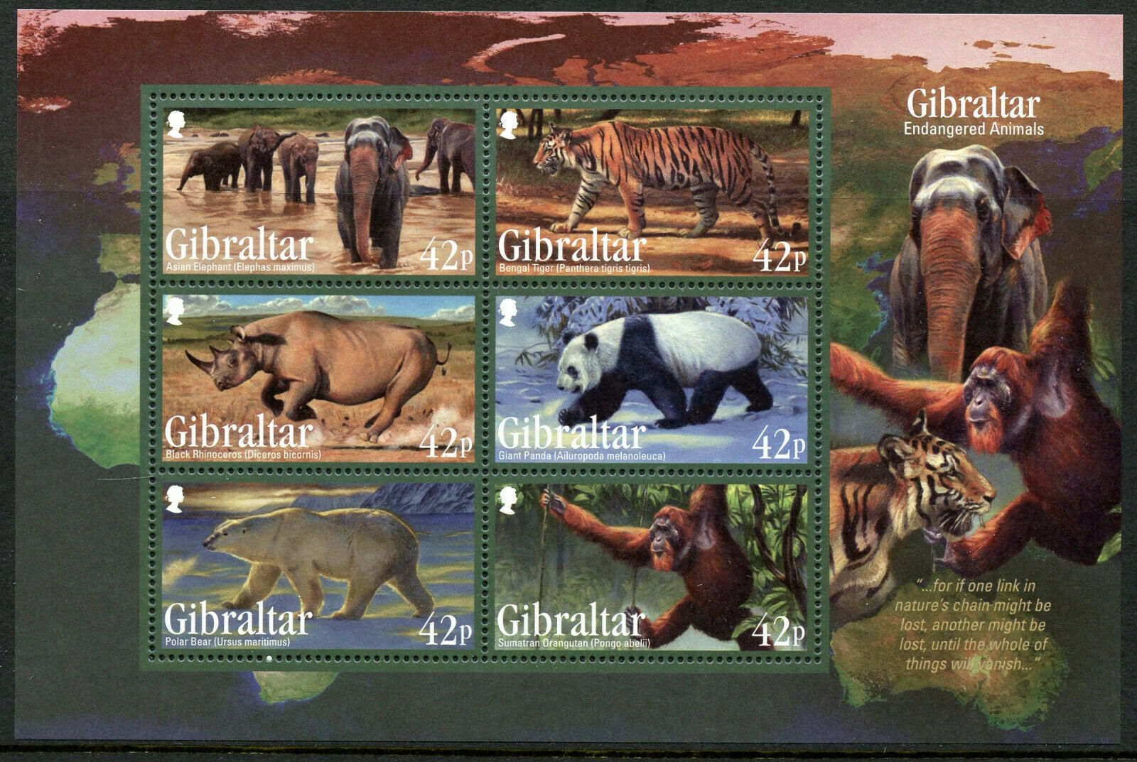 Gibraltar Animals Stamps 2011 MNH Endangered Fauna Panda Tigers Elephants 6v M/S