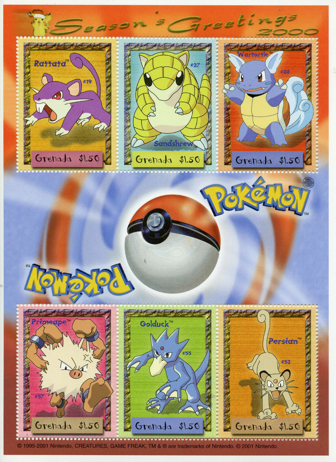 Grenada 2000 MNH Pokemon Season's Greetings Rattata Golduck 6v M/S Stamps