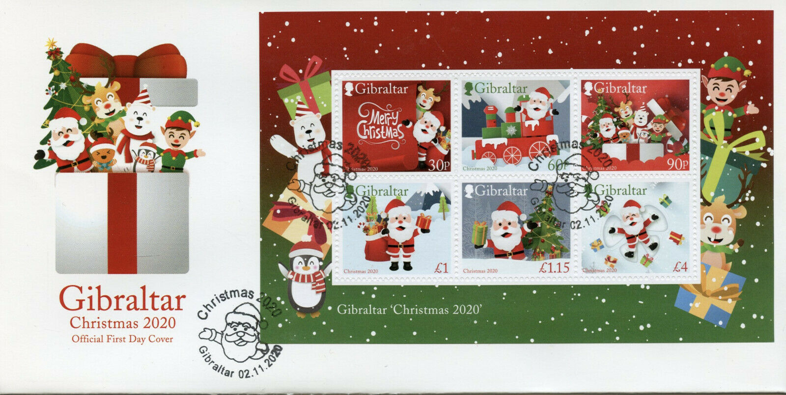 Gibraltar Christmas Stamps 2020 FDC Santa Trees Elves Decorations 6v M/S