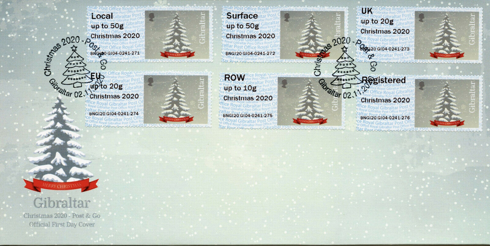 Gibraltar Christmas Stamps 2020 FDC Post & Go GI04 BNGI20 Trees 6v S/A Strip