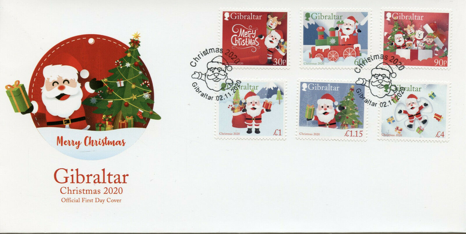 Gibraltar Christmas Stamps 2020 FDC Santa Trees Elves Decorations 6v Set