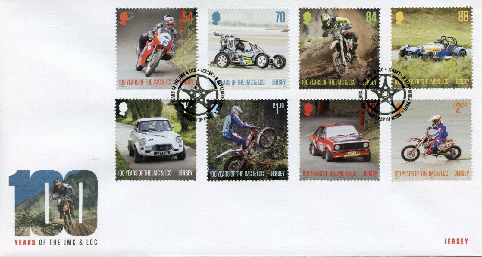 Jersey Cars & Motorcycles Stamps 2020 FDC JMC & LCC Light Car Club 8v Set