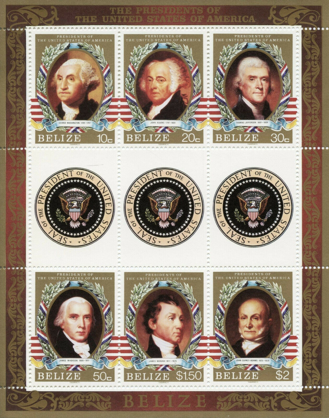 Belize 1986 MNH US Presidents Stamps George Washington Jefferson Adams 6v M/S