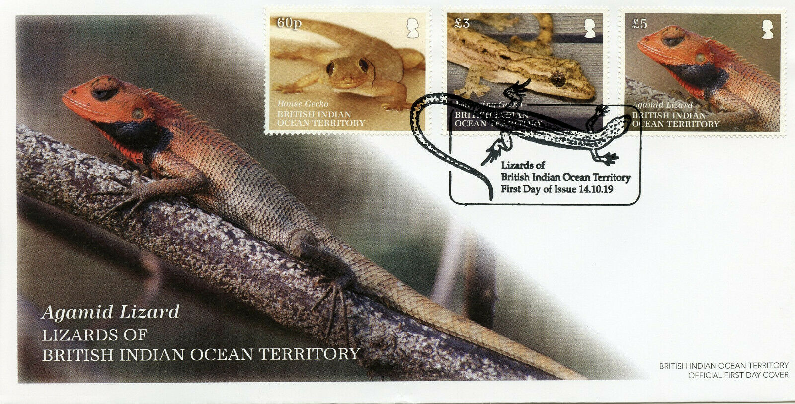 BIOT Stamps 2019 FDC Lizards Geckos House Gecko Agamid Lizard Reptiles 3v Cover