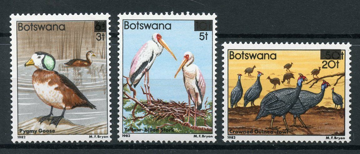 Botswana 1987 MNH Birds on Stamps Surcharged OVPT Goose Stork Guineafowl 3v Set