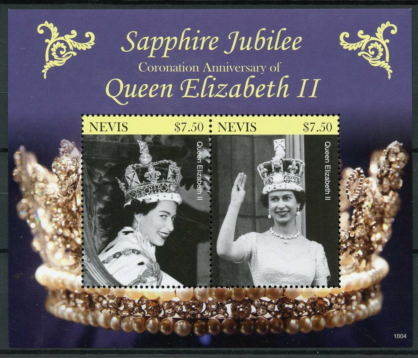 Nevis 2018 MNH Royalty Stamps Queen Elizabeth II Coronation Sapphire 2v S/S