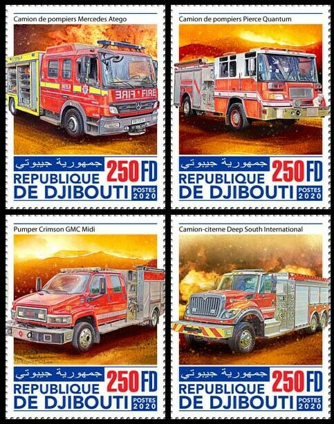 Djibouti Fire Engines Stamps 2020 MNH Trucks Mercedes Atego Crimson GMC 4v Set