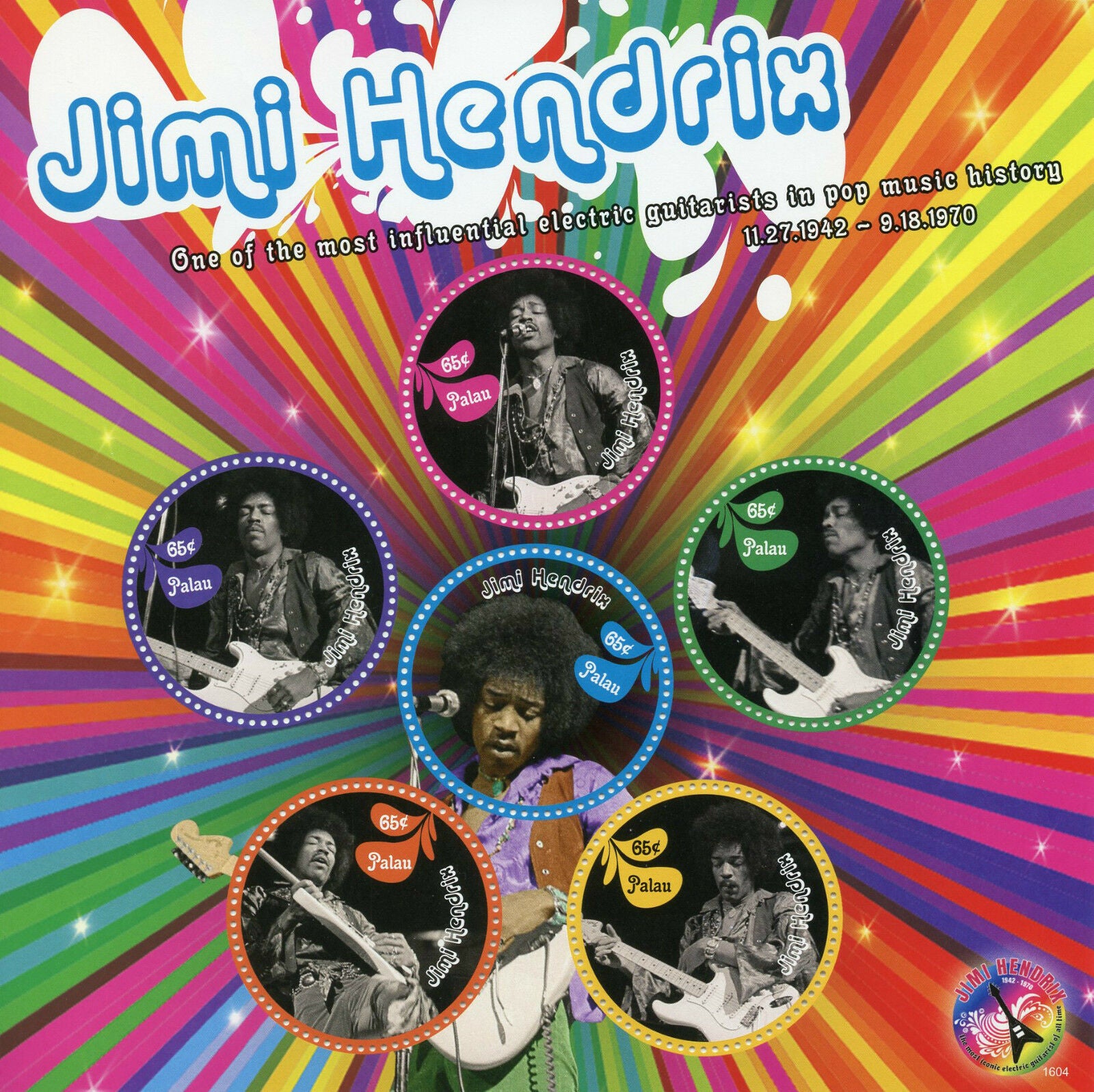 Palau 2016 MNH Jimi Hendrix 6v M/S II Rock Stars Celebrities Stamps