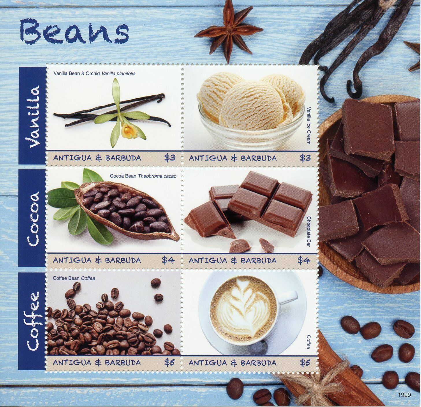 Antigua & Barbuda 2019 MNH Gastronomy Stamps Beans Coffee Cocoa Vanilla Food 6v M/S