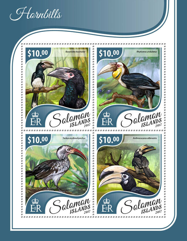 Solomon Islands Birds on Stamps 2017 MNH Hornbills Red-Billed Hornbill 4v M/S