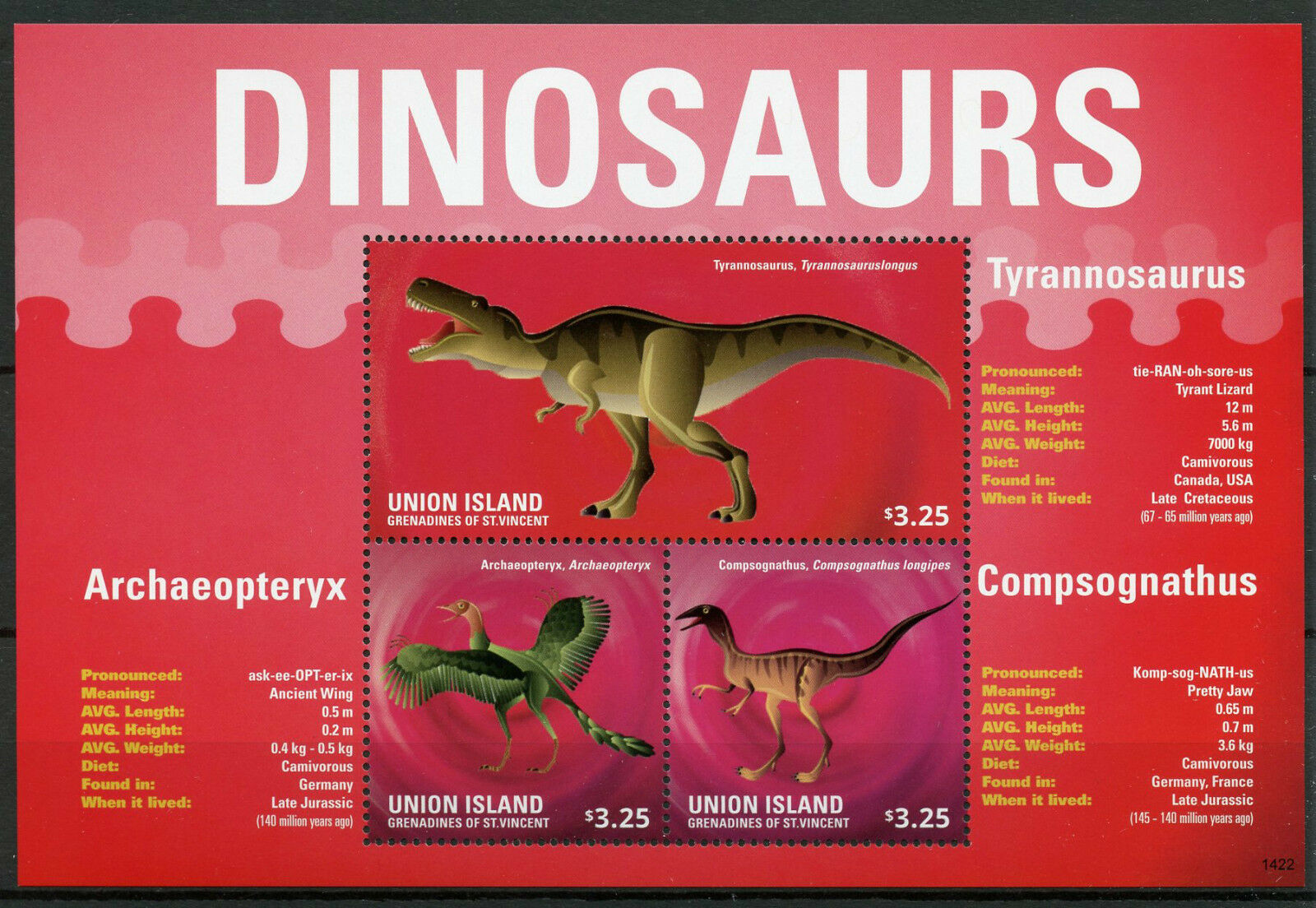 Union Island Grenadines St Vincent Dinosaurs Stamps 2014 MNH T-Rex 3v M/S I