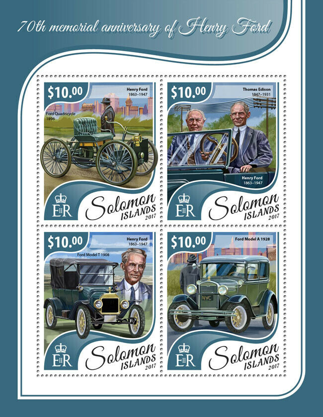 Solomon Islands Cars Stamps 2017 MNH Henry Ford Model T Famous People 4v M/S