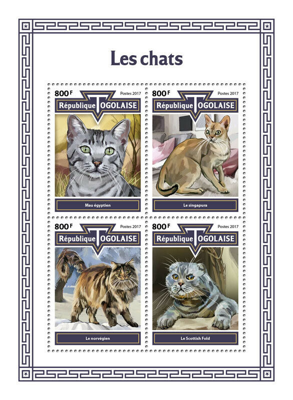Togo Cats Stamps 2017 MNH Egyptian Mau Singapura Scottish Fold Cat 4v M/S