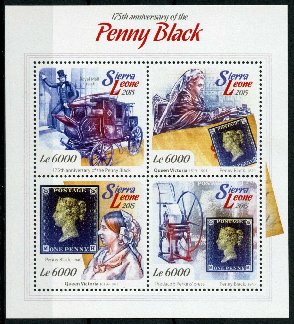 Sierra Leone 2015 MNH Stamps-on-Stamps Penny Black Rowland Hill Queen Victoria 4v M/S