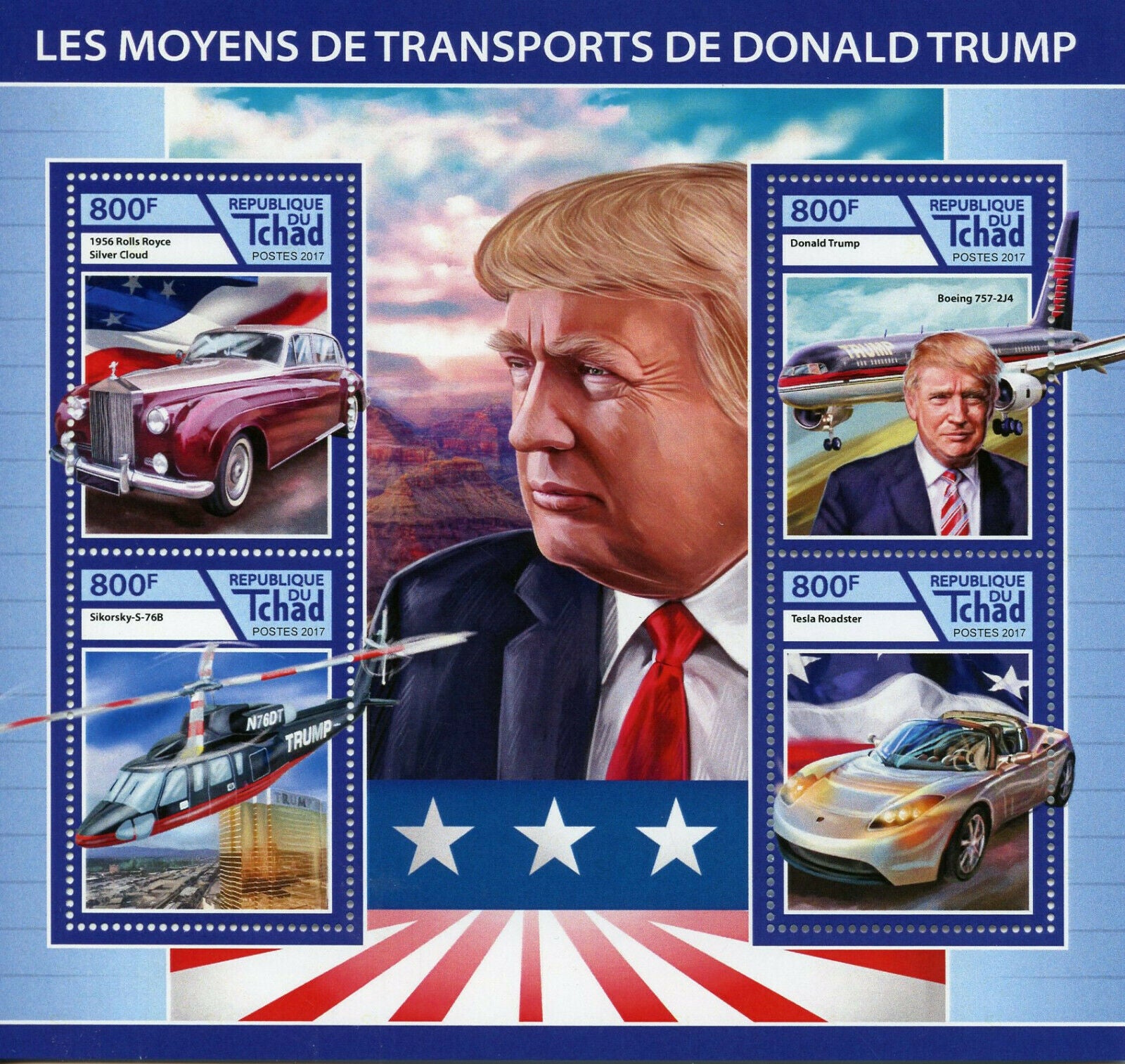 Chad 2017 MNH Donald Trump Stamps Cars Aviation Boeing Helicopters 4v M/S