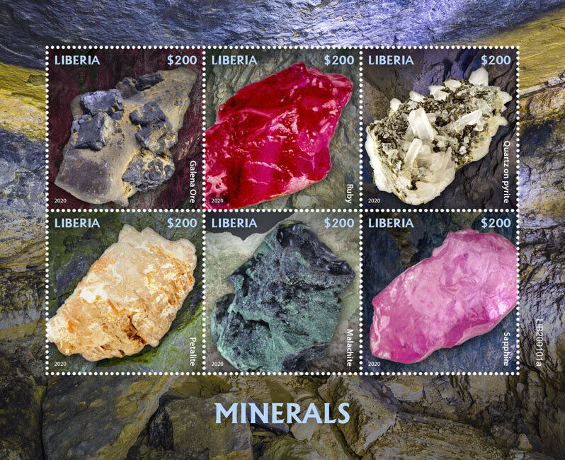 Liberia 2020 MNH Minerals Stamps Ruby Sapphire Quartz Pyrite Galena Ore 6v M/S