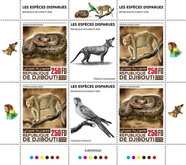 Djibouti Wild Animals Stamps 2020 MNH Extinct Species Snakes Leopards 4v M/S II