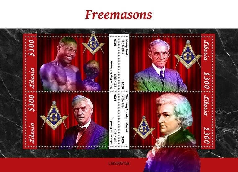 Liberia 2020 MNH Freemasons Stamps Freemasonry Mozart Henry Ford Fleming 4v M/S