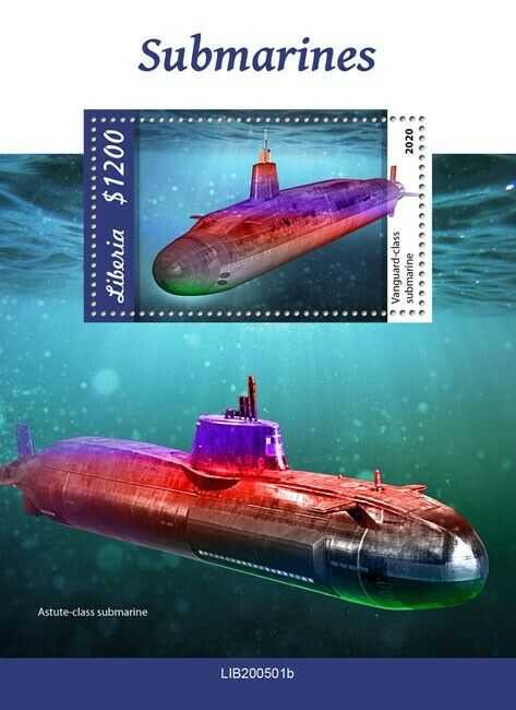 Liberia Submarines Stamps 2020 MNH Vanguard Astute Class Submarine Ships 1v S/S