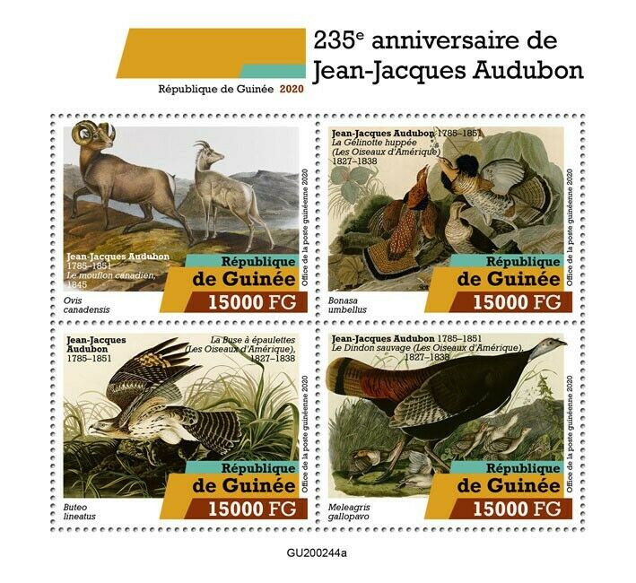 Guinea Birds on Stamps 2020 MNH John James Audubon Ornithologist Art 4v MS