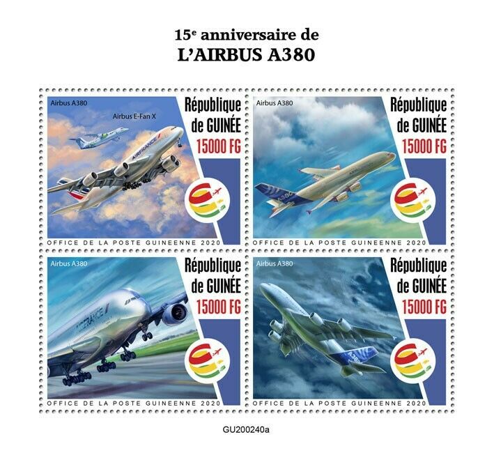 Guinea Aviation Stamps 2020 MNH Airbus A380 Aircraft 15th Anniv E-Fan X 4v M/S