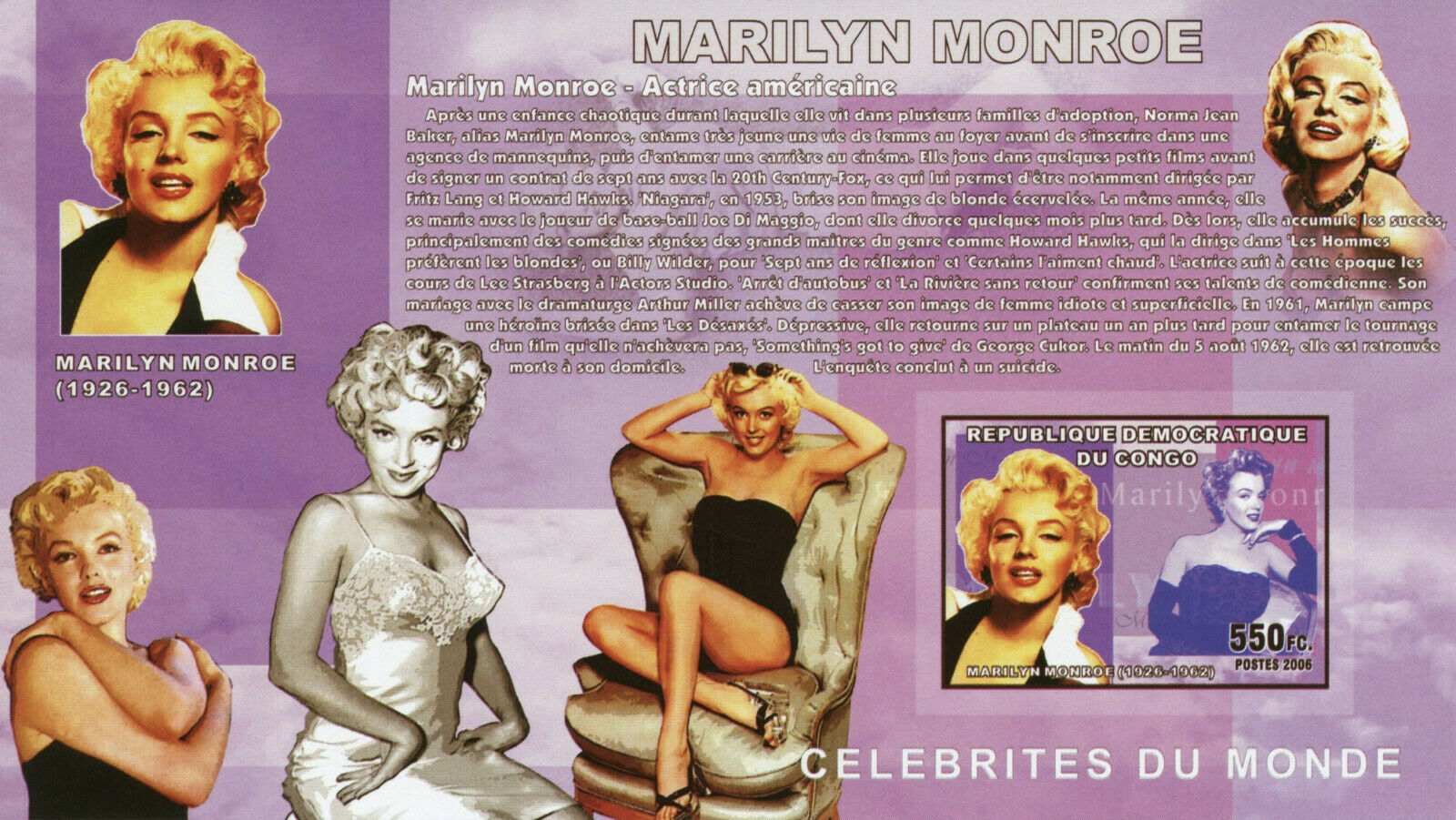 Congo Marilyn Monroe Stamps 2006 MNH Celebrities Famous People 1v IMPF S/S II