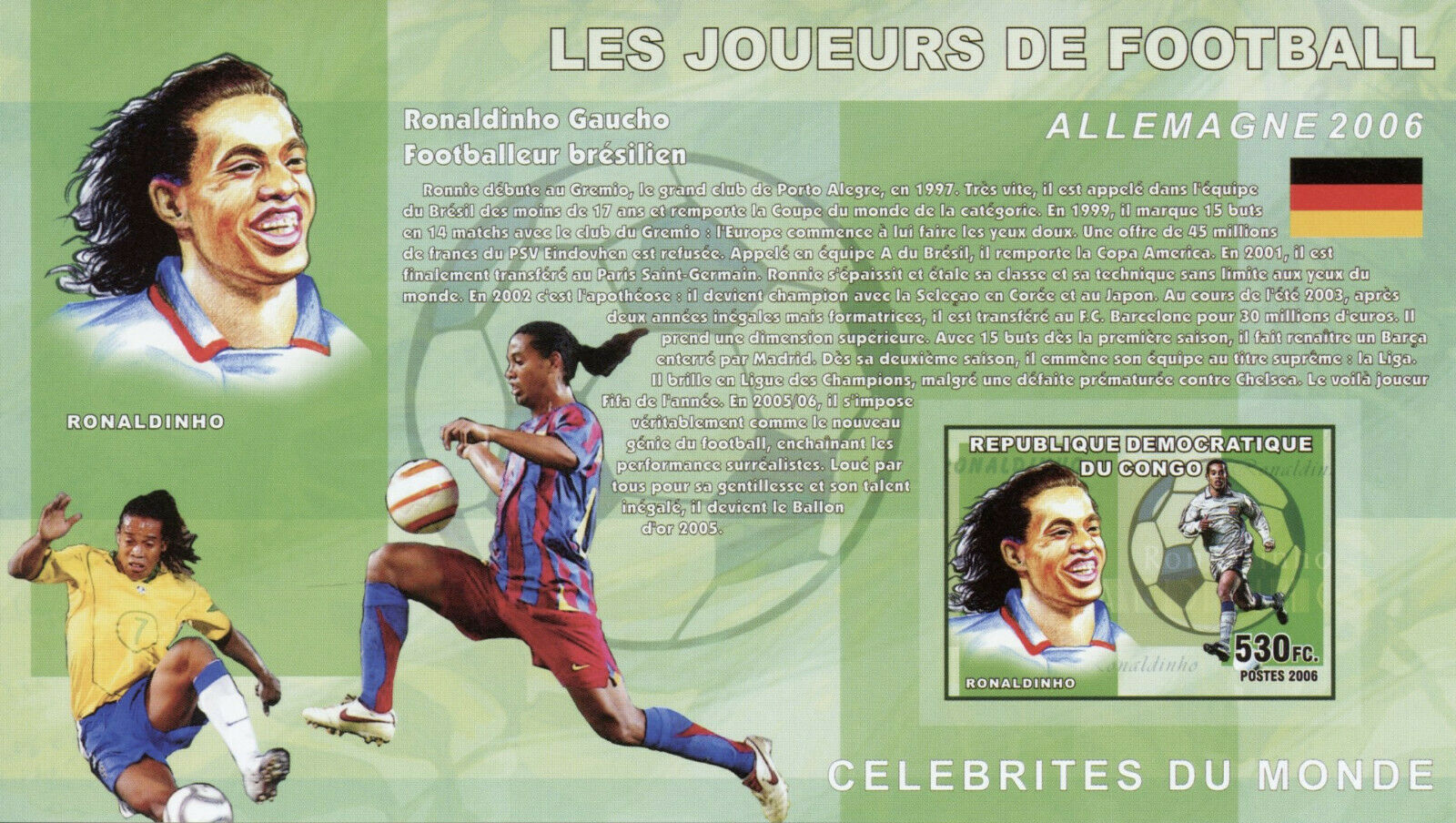 Congo Football Stamps 2006 MNH Ronaldinho Soccer Sports 1v IMPF S/S
