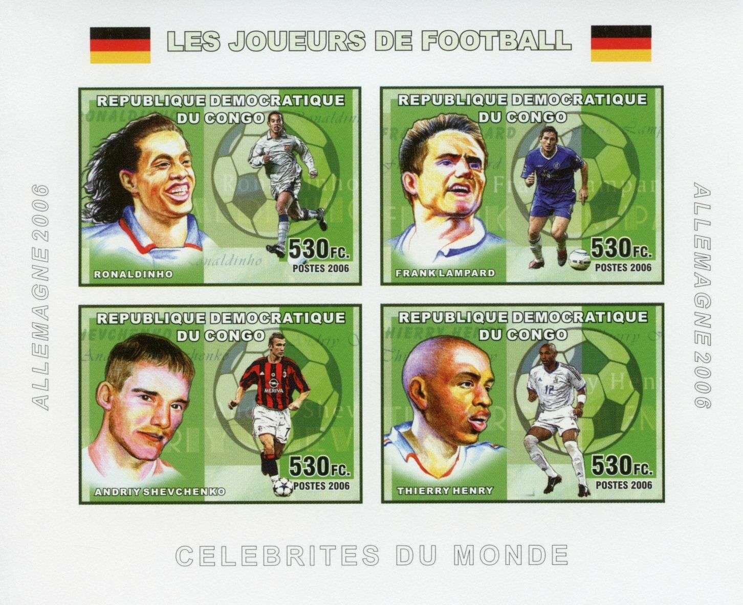 Congo Football Stamps 2006 MNH Ronaldinho Lampard Soccer Sports 4v IMPF M/S