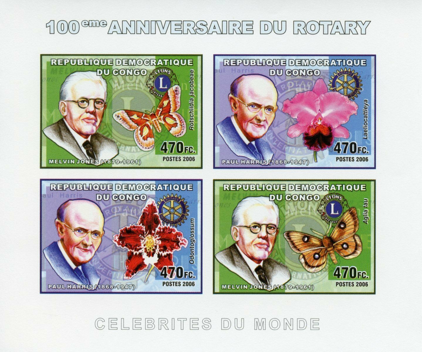 Congo Rotary Intl Stamps 2006 MNH Melvin Jones Paul Harris Orchids 4v IMPF M/S