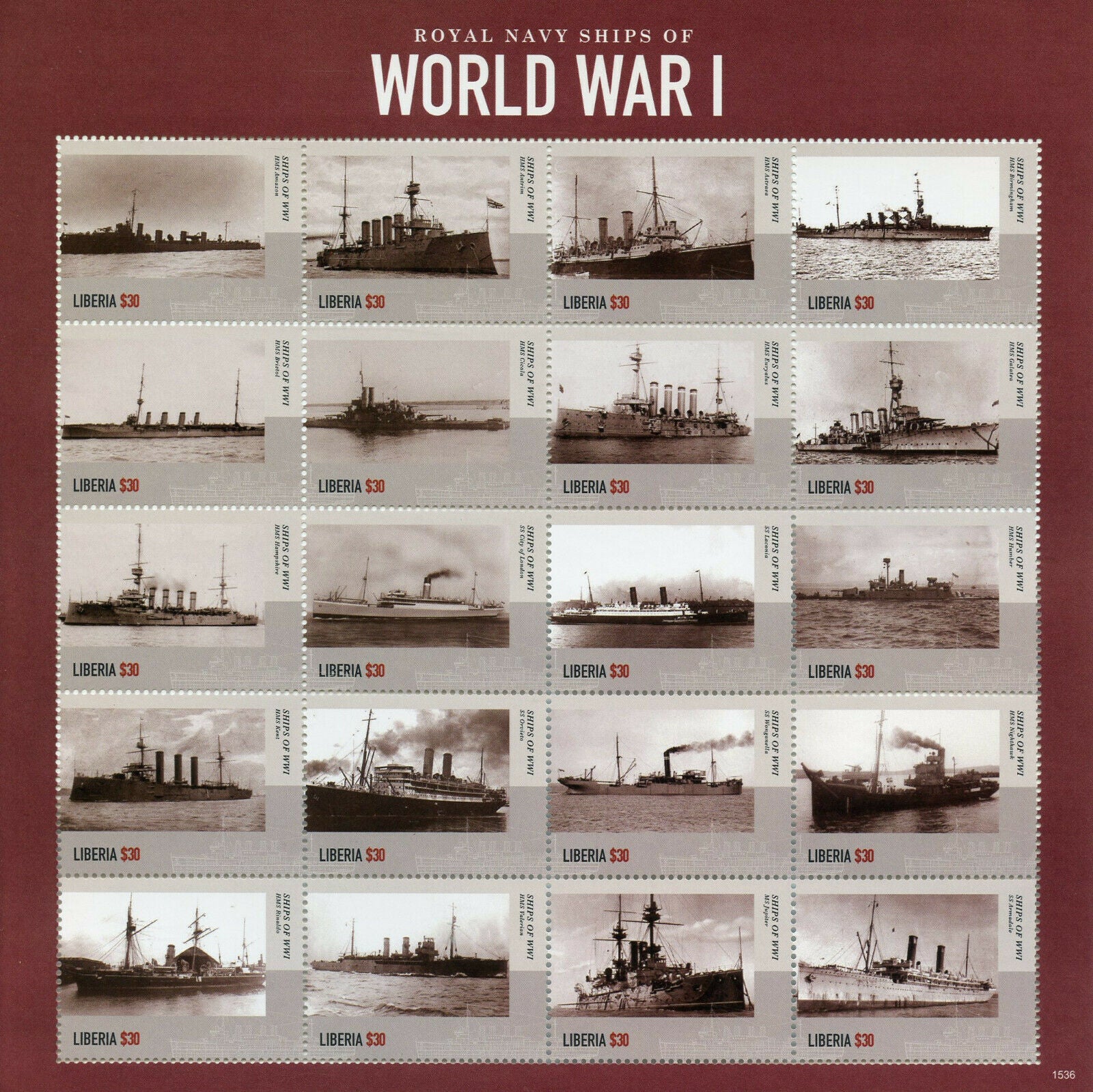 Liberia Military Stamps 2015 MNH WWI WW1 Royal Navy Ships World War I 20v M/S II