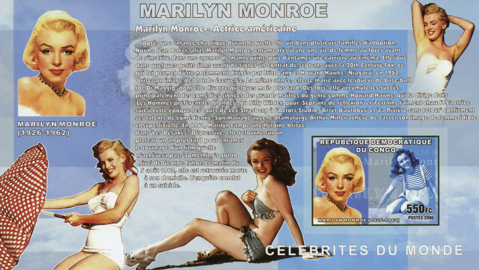 Congo Marilyn Monroe Stamps 2006 MNH Celebrities Famous People 1v IMPF S/S IV