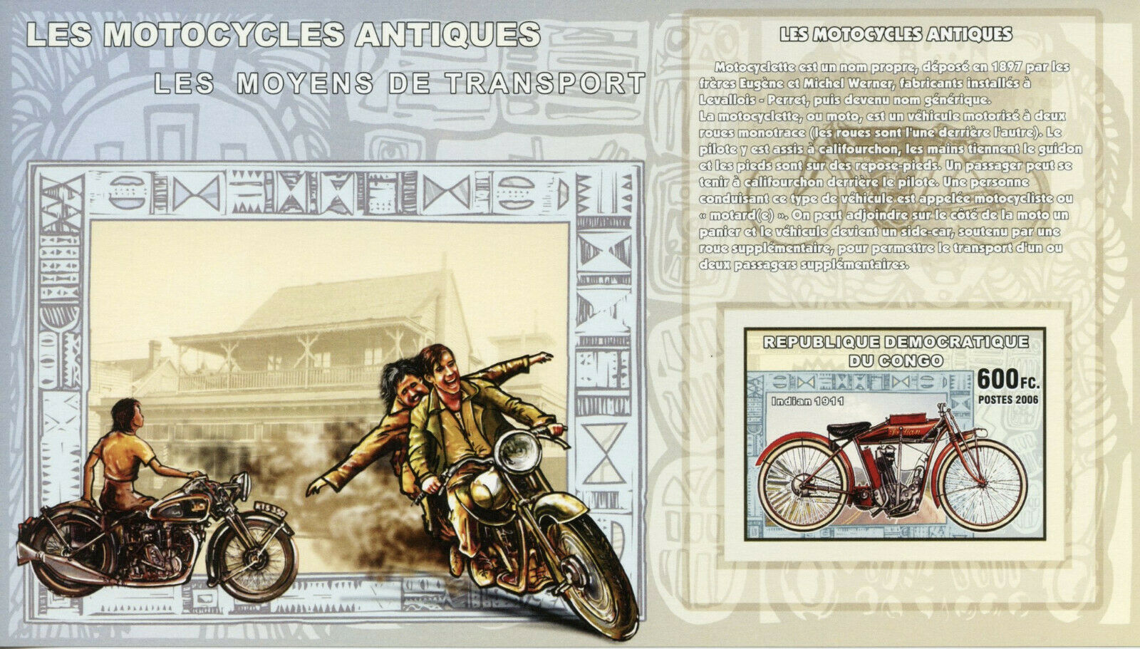 Congo Classic Motorcycles Stamps 2006 MNH Indian 1911 Transport 1v IMPF S/S