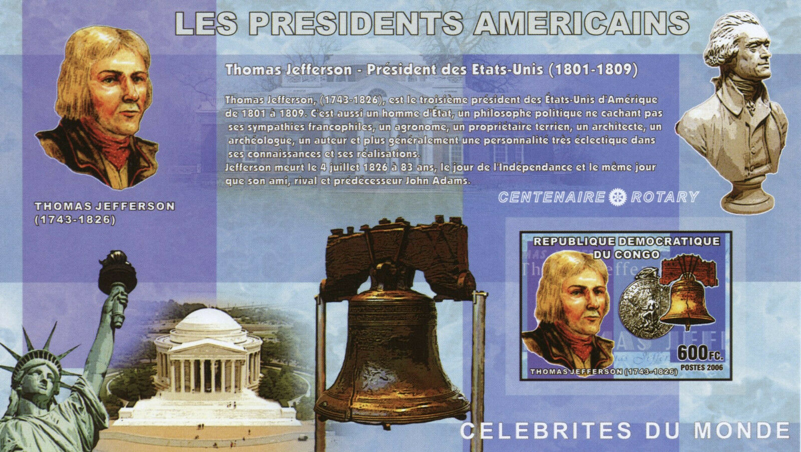 Congo US Presidents Stamps 2006 MNH Thomas Jefferson Famous People 1v IMPF S/S