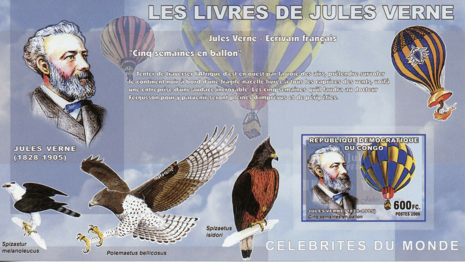 Congo Writers Stamps 2006 MNH Jules Verne People Birds Balloons 1v IMPF S/S