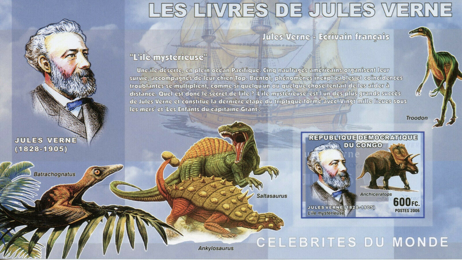 Congo Writers Stamps 2006 MNH Jules Verne Famous People Dinosaurs 1v IMPF S/S