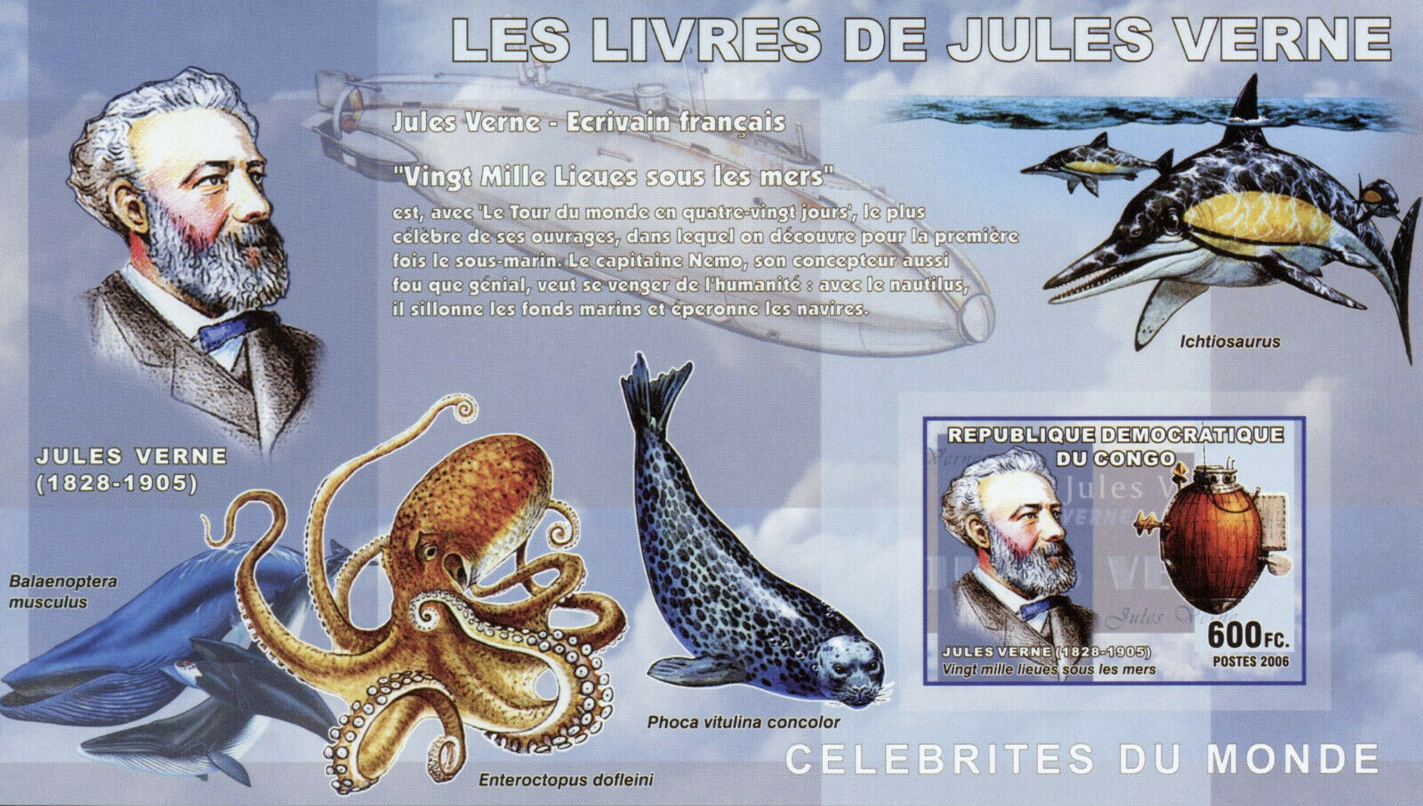 Congo Writers Stamps 2006 MNH Jules Verne People Marine Animals 1v IMPF S/S