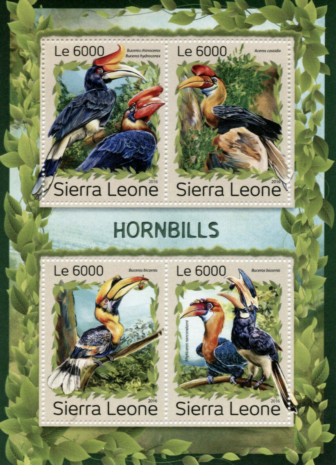 Sierra Leone 2016 MNH Birds on Stamps Hornbills Hornbill 4v M/S