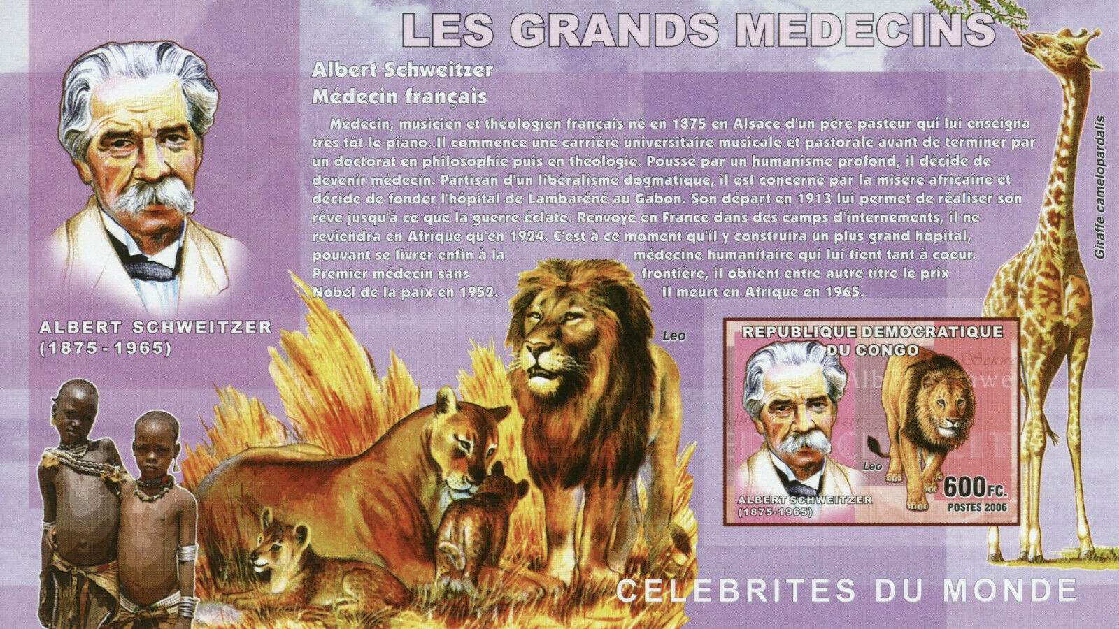 Congo Medical Stamps 2006 MNH Albert Schweitzer Great Doctors Lions 1v IMPF S/S