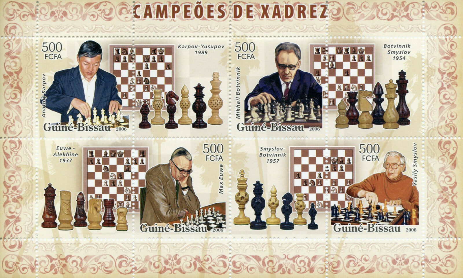 Guinea-Bissau Chess Stamps 2006 MNH Karpov Smyslov Max Euwe Sports 4v M/S I