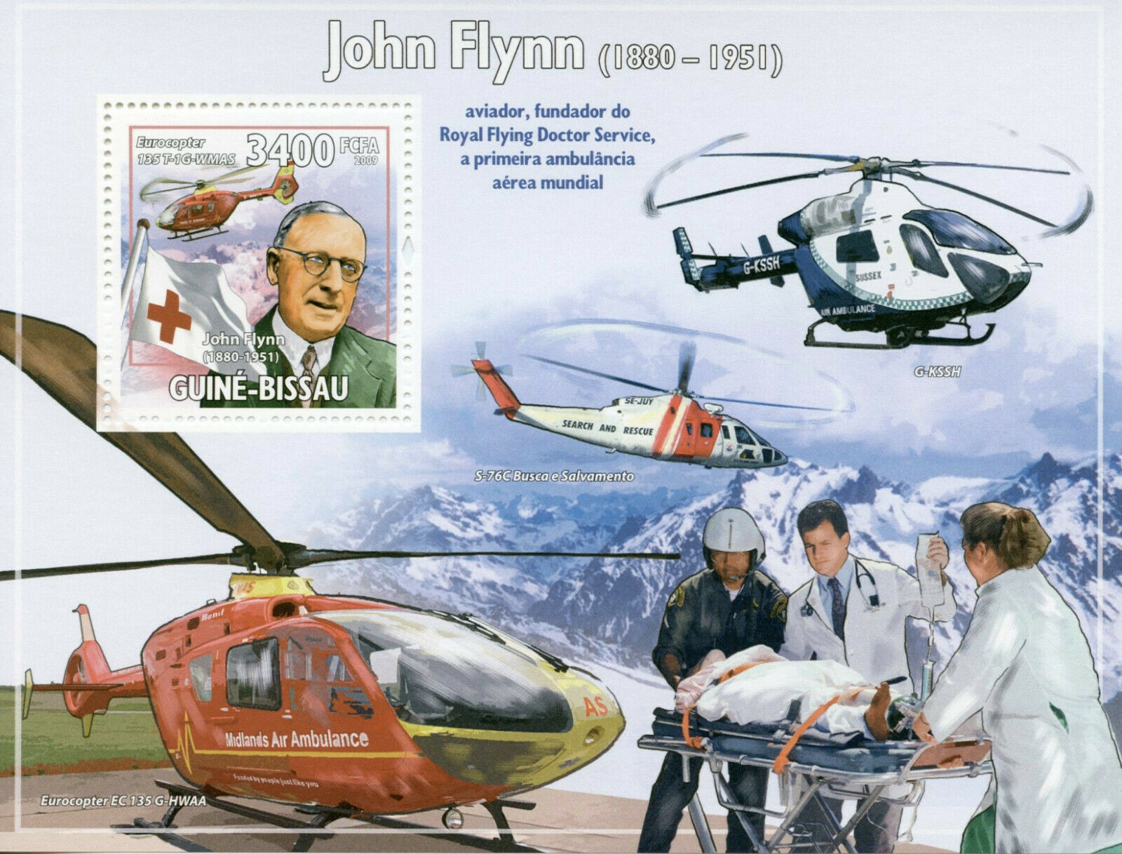 Guinea-Bissau Medical Stamps 2009 MNH John Flynn Helicopters Aviation 1v S/S
