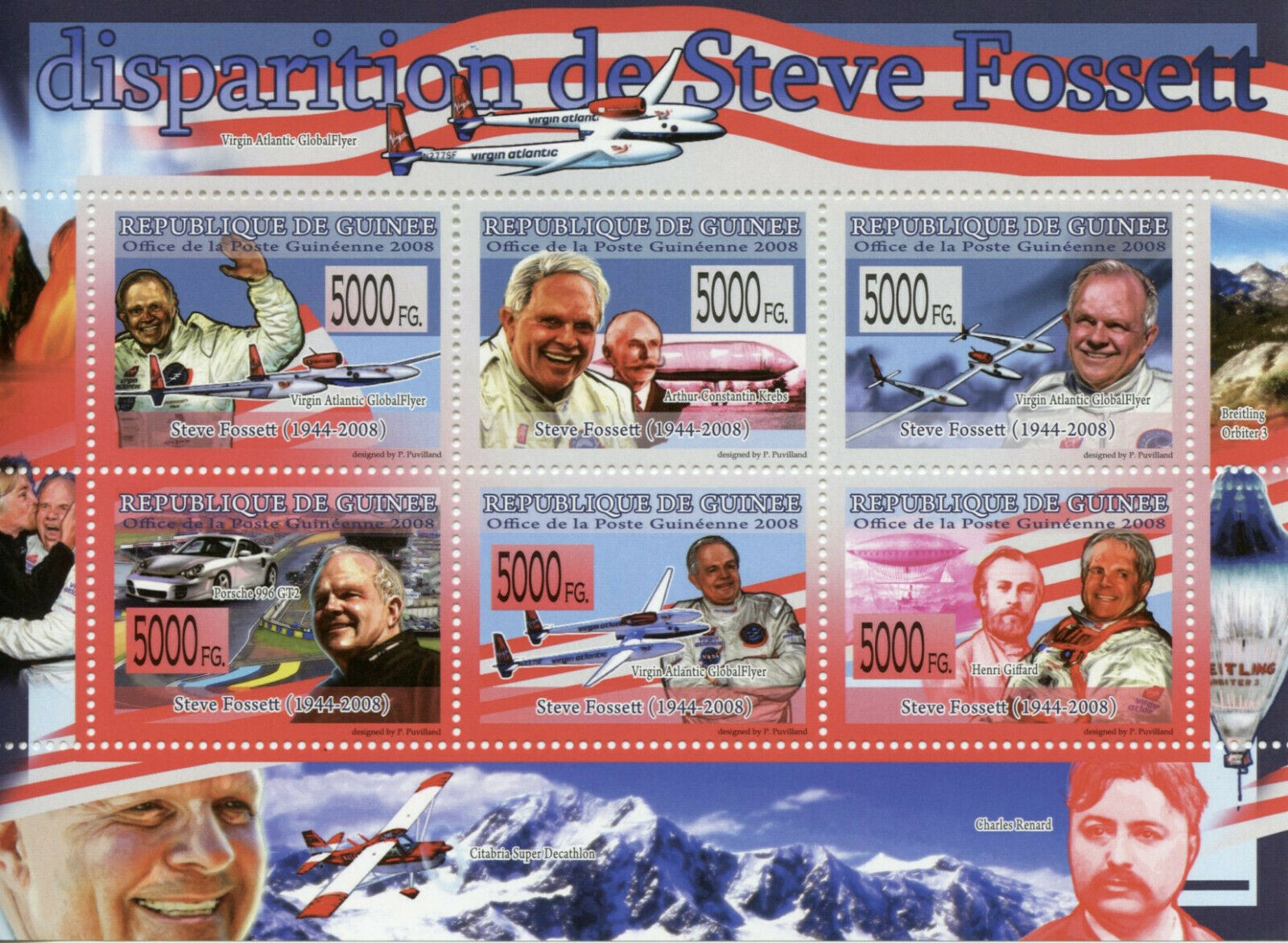 Guinea Aviation Stamps 2008 MNH Steve Fossett Hot Air Balloons People 6v M/S