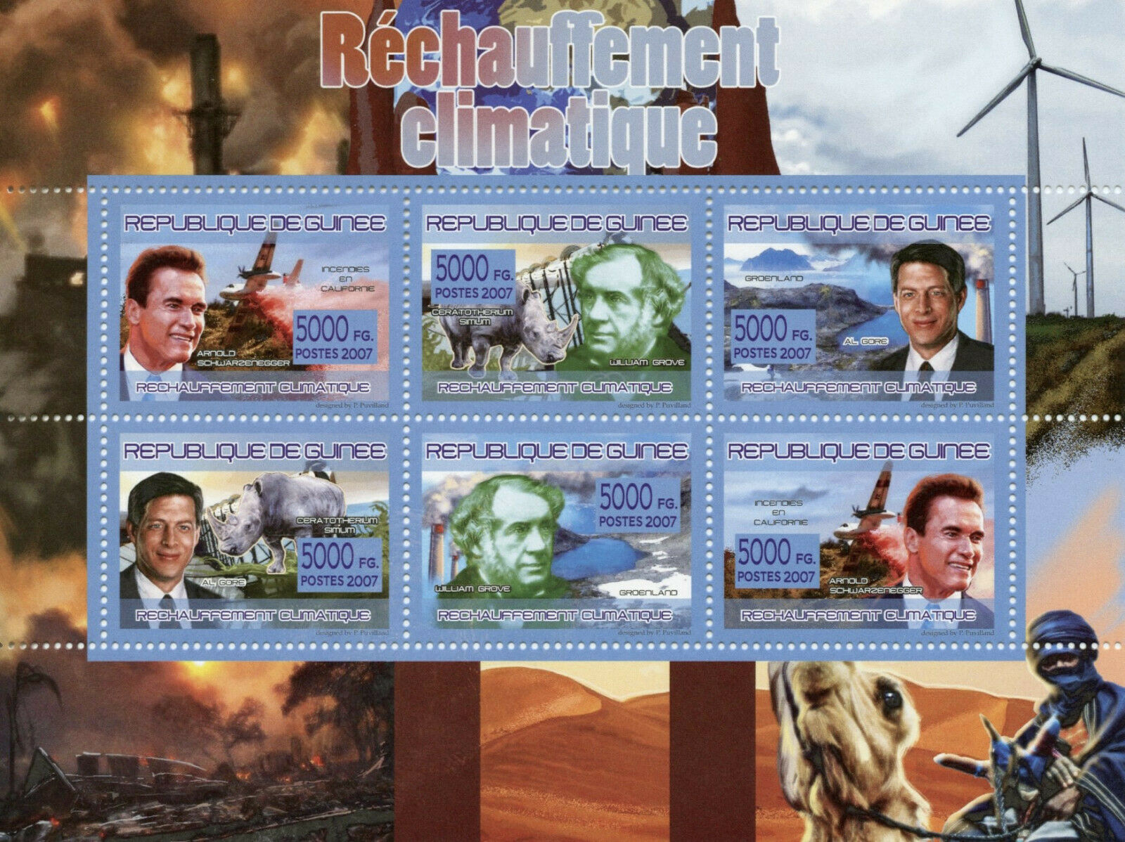 Guinea Wild Animals Stamps 2007 MNH Global Warming Rhinos Schwarzenegger 6v M/S